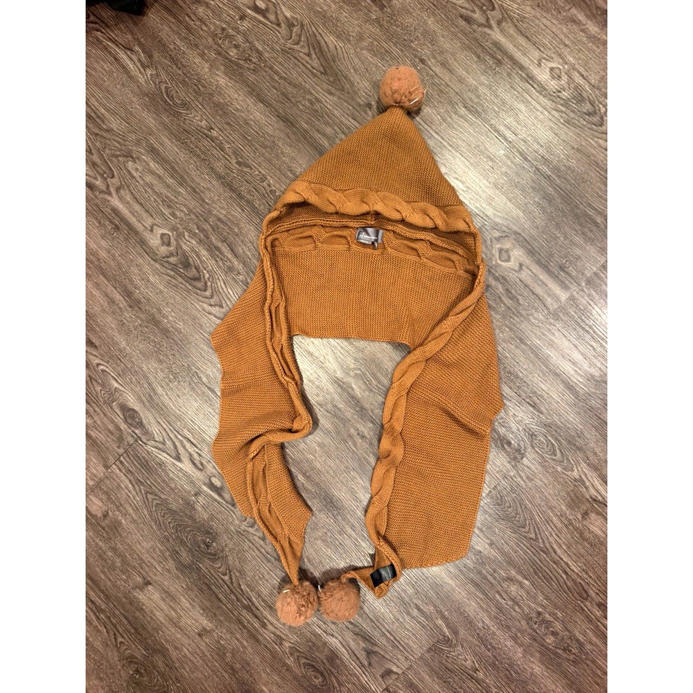 Anthropologie Brown Solid Knit Hooded Scarf Wrap with Pom-Pom, Women's